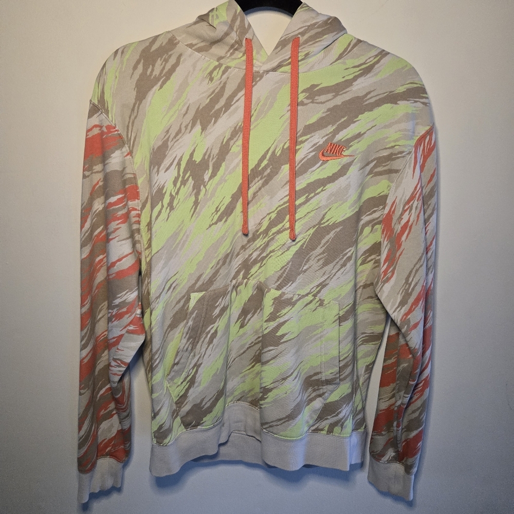 Nike Pullover Hoodie Womens Small Tan Green Orange Warmer Pocket Drawstring Hood